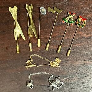 Vintage Costume Jewelry Lot 8 Stick Pins Gold-tone, Avon, Christmas